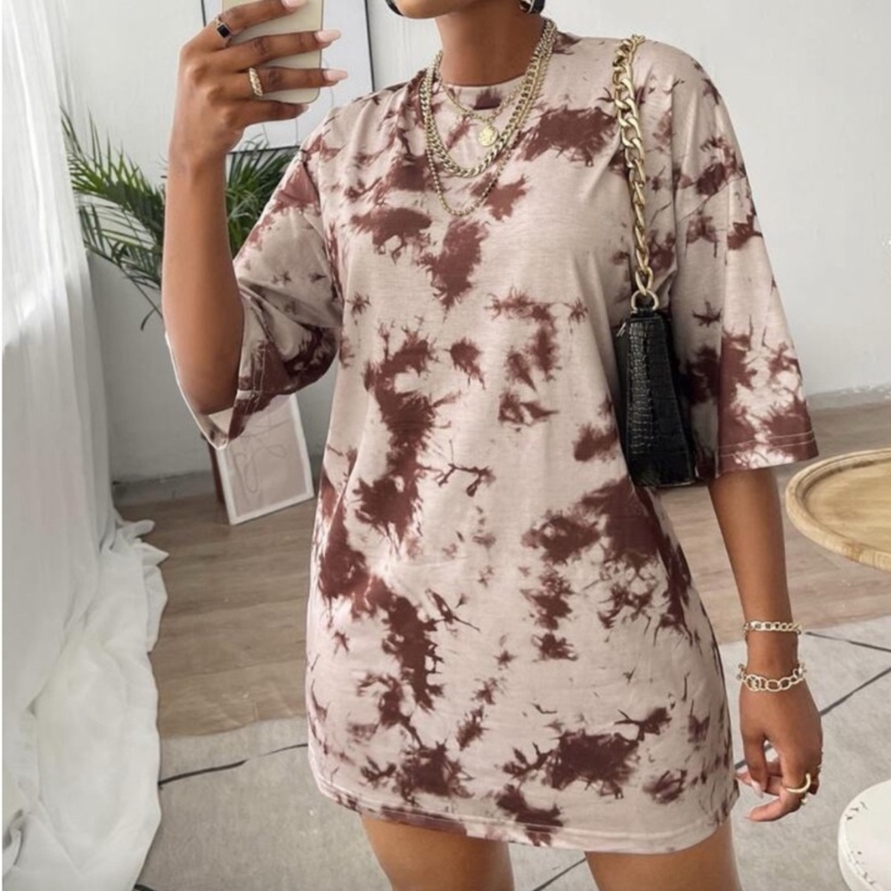 SHEIN Beige and Brown Tie-Dye Mini Dress
